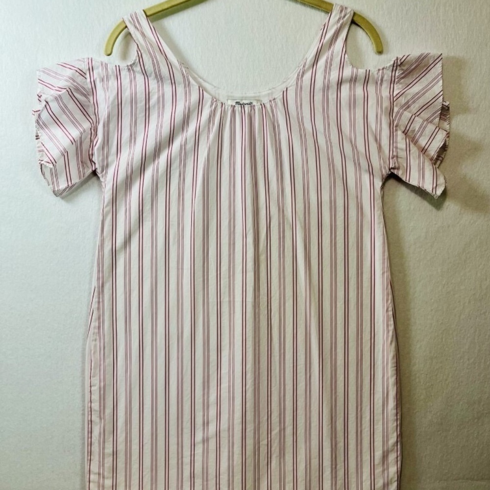 Madewell White Pink Rose Stripe Cold Shoulder Cotton Ruffled Shift Dress XXS
